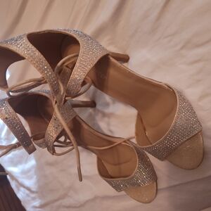 Gold Glitter High Heels with Ankle Strap